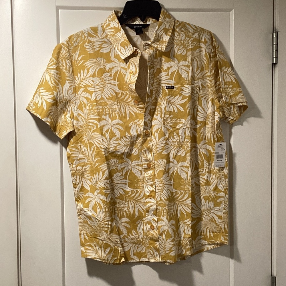 RVCA Yellow and White Tropical Print Short Sleeve Button-Down Shirt